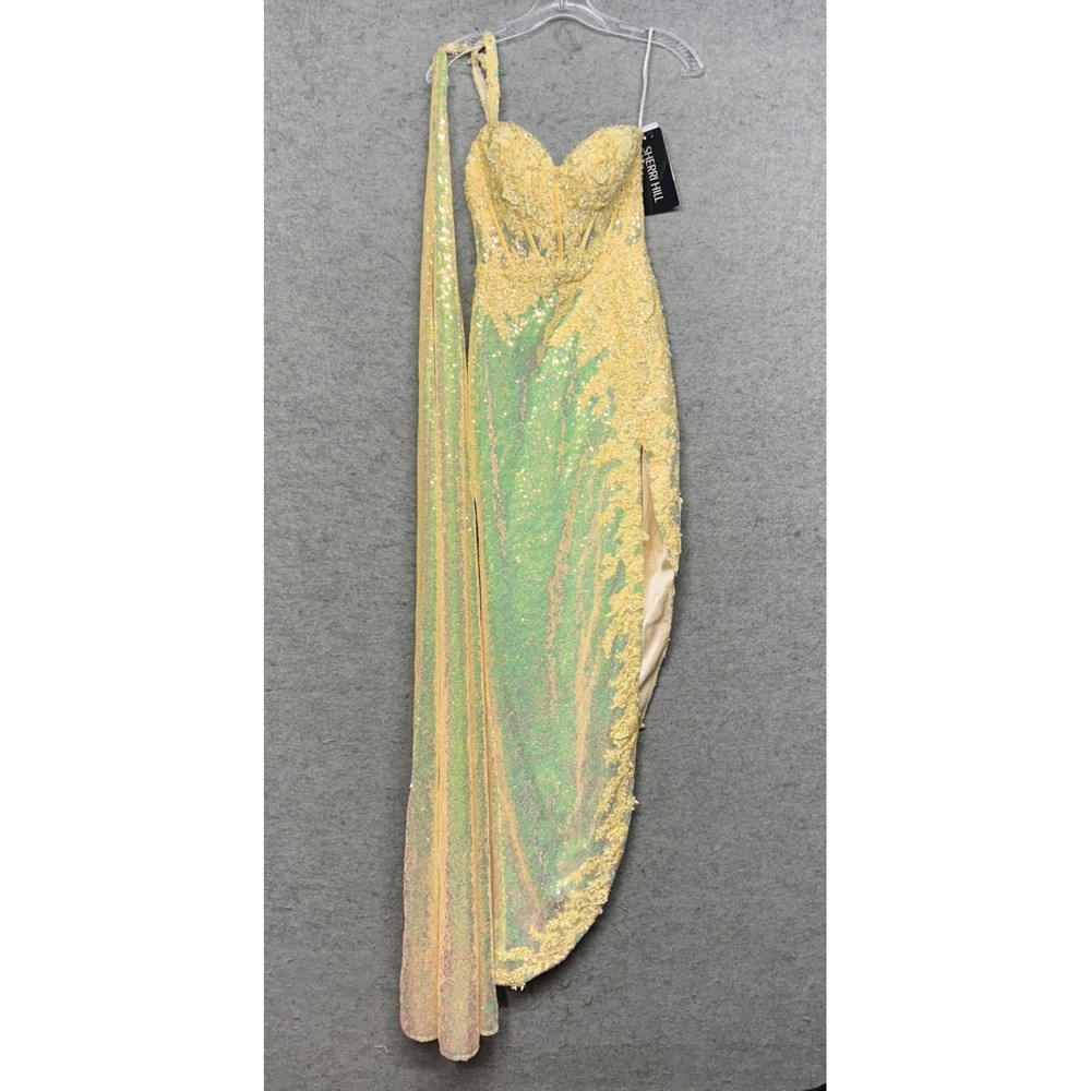 NWT Sherri Hill Gown Womens 00 Yellow Sequin Lace One Shoulder Slit Formal 55312
